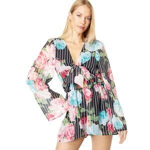 Bebe Floral Tie Front Romper Size M – Sheer Flutter Sleeves Black Stripe Print